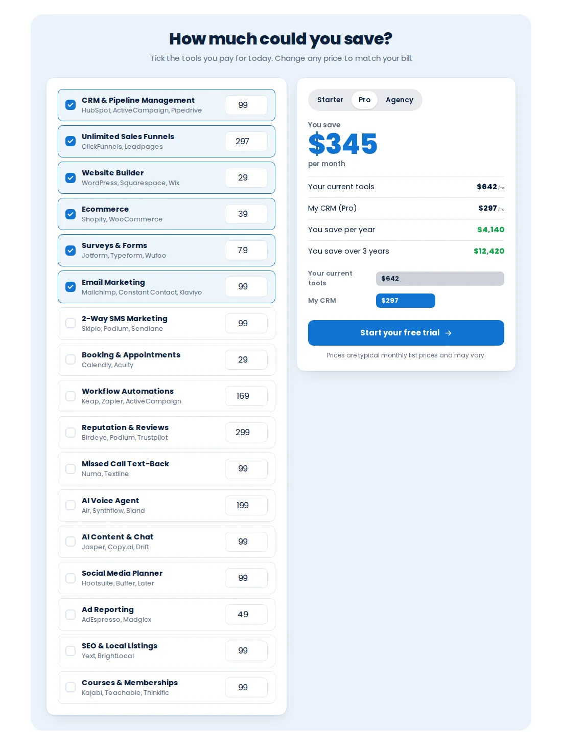 Savings calculator template with tool checkboxes and a monthly total