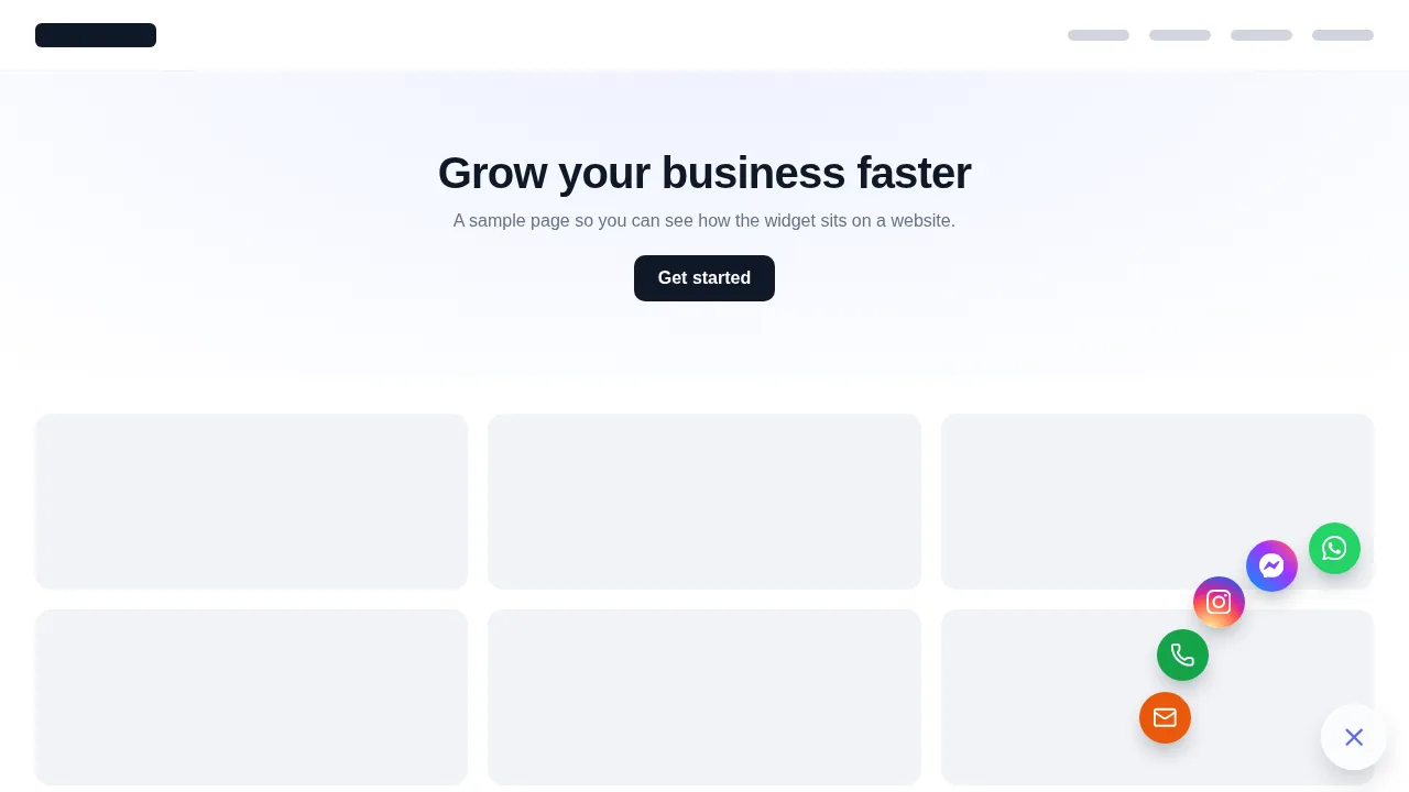 Glass contact fan floating widget open in the corner of a sample website