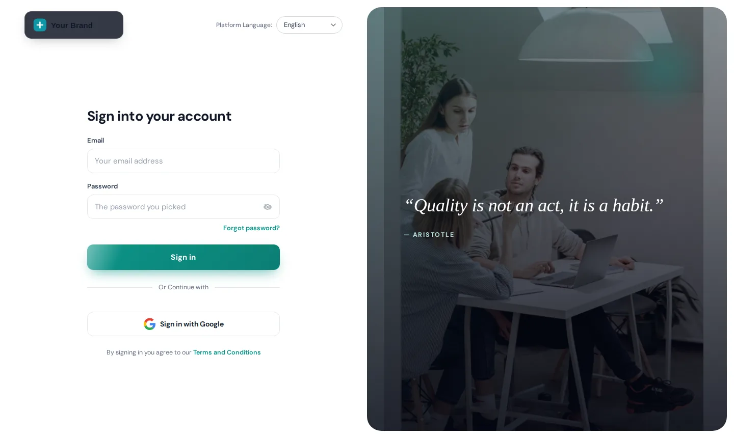 Editorial login page design with a photo and quote panel