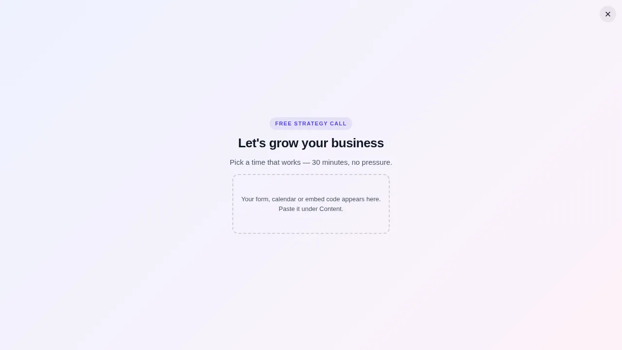 Full-screen book-a-call popup template on a sample website